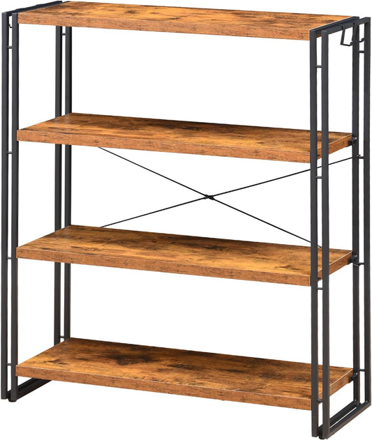 HCHQHS Bookshelf, 4-Tier Industrial Bookcase, Rustic Open Book Shelf, Freestanding Tall Bookshelves with Metal Frame