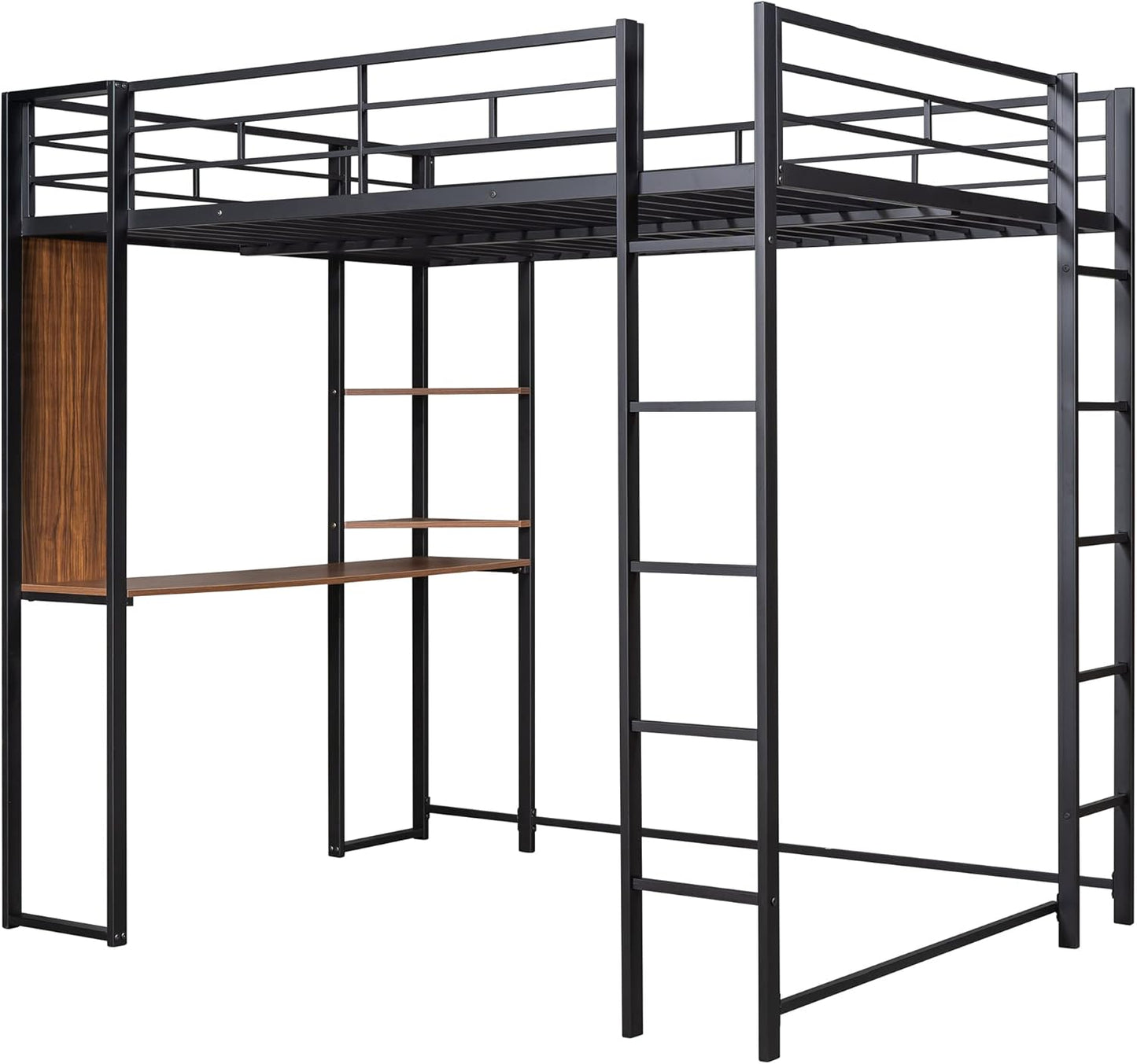 Full Size Metal Loft Bed with 2 Storage Shelves and 1 Desk,Steel Structure Bed Frame W/ 2 Build-in Ladders & Full-Length Guardrails,No Box Spring Needed,for Kids Teens Adults,Black