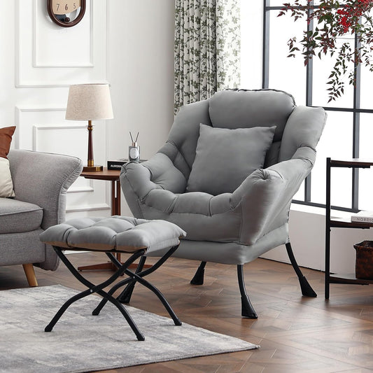 Lazy Chair with Ottoman, Modern Large Accent Lounge Chair with a Pillow, Leisure Sofa Armchair with Ottoman, Reading Chair with Footrest for Bedroom, Living Room, Dorm Room,Peach Light Gray