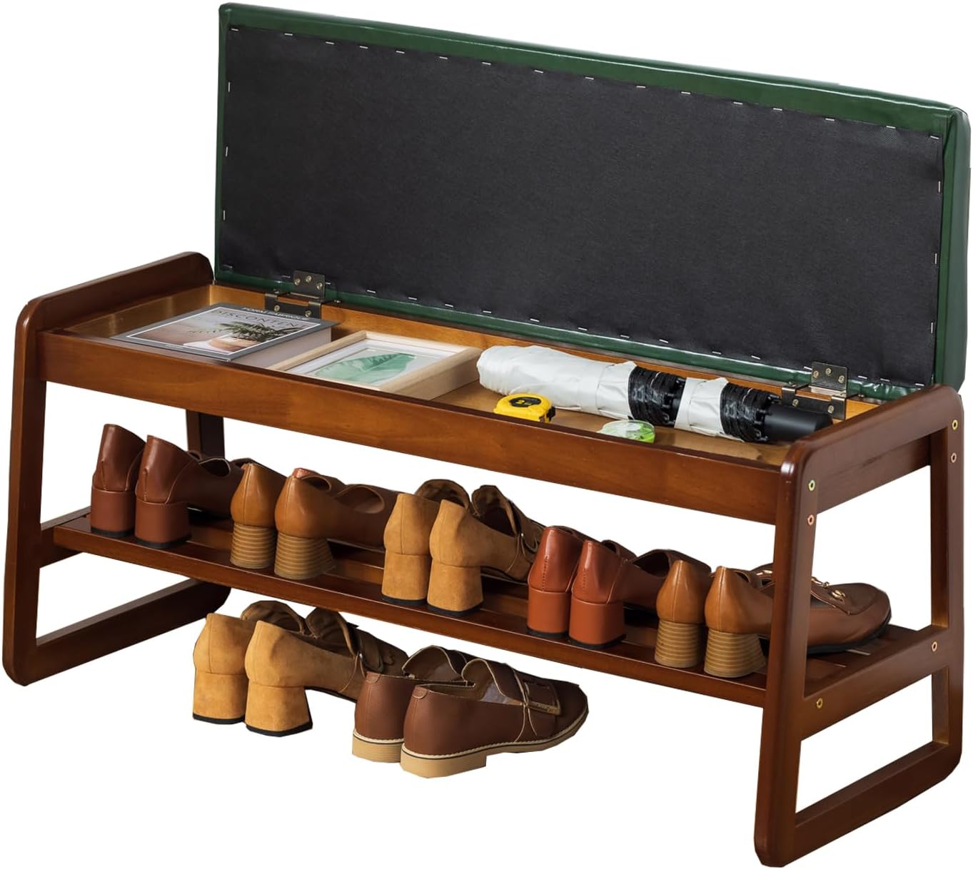 latifolia Solid Wood Bench, Entryway Shoe Bench with Cushion, Flip-Open Storage Compartment, 2-Tier Shoe Organizer(Green,39.70''L)