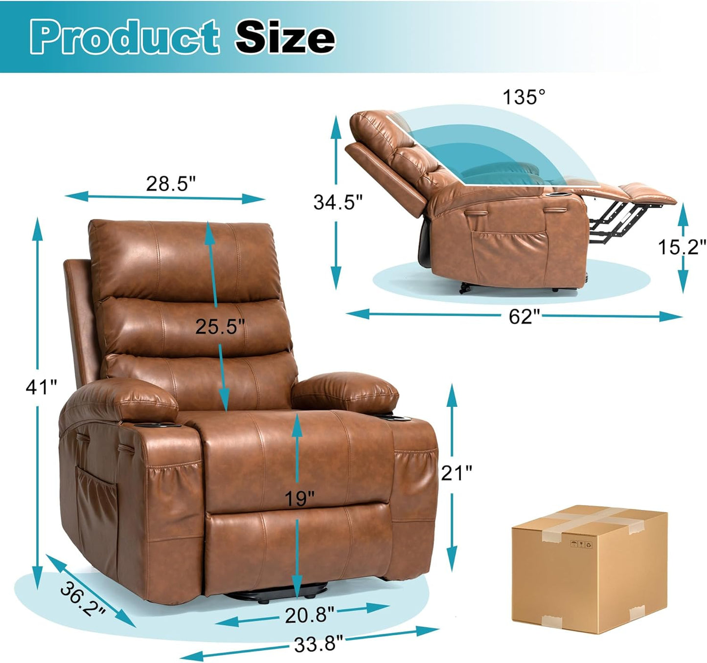 Recliner Chair Power Lift Massage Chair Full Body 21" Large Size Electric Recliner with 8 Point Vibration Massage and Lumber Heat, Remote Control, Side Pockets and Cup Holders, Brown