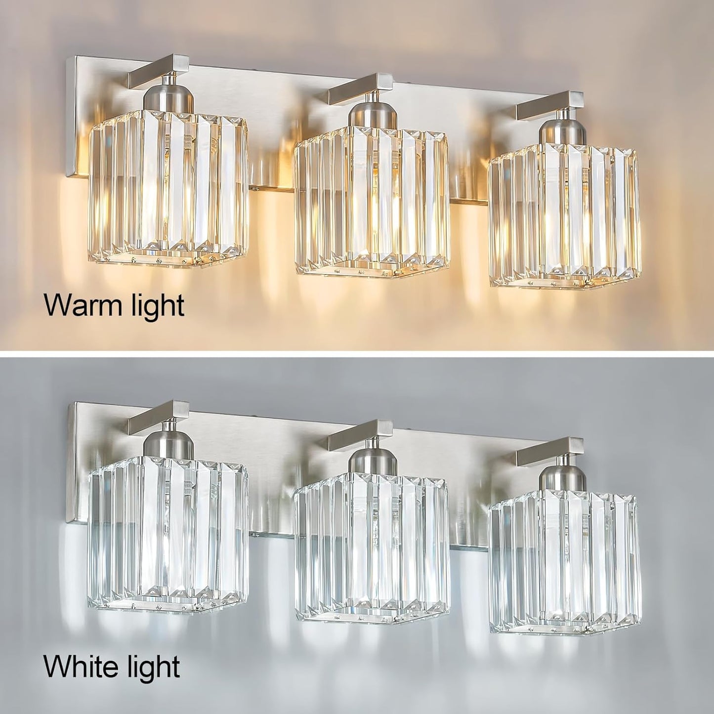 Modern Vanity Light 3-Lights Brushed Nickel Vanity Light Crystal Bathroom Wall Light Bathroom Light Fixtures