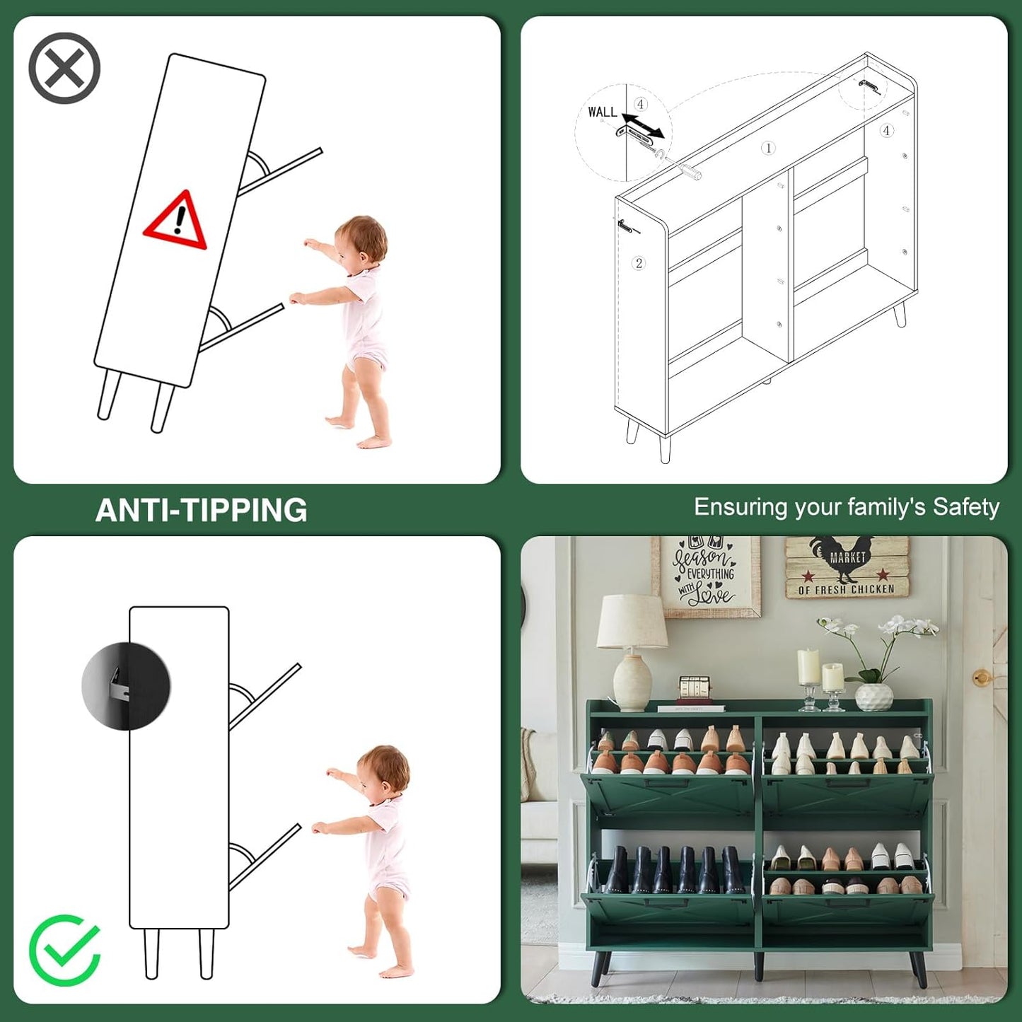 Shoe Storage Cabinet,Farmhouse Shoe Organizer with 4 Flip Drawers & Barn Door Design,Freestanding Hidden Slim Narrow Shoe Rack Cabinet for Entryway,Foyer,Hallway,Green