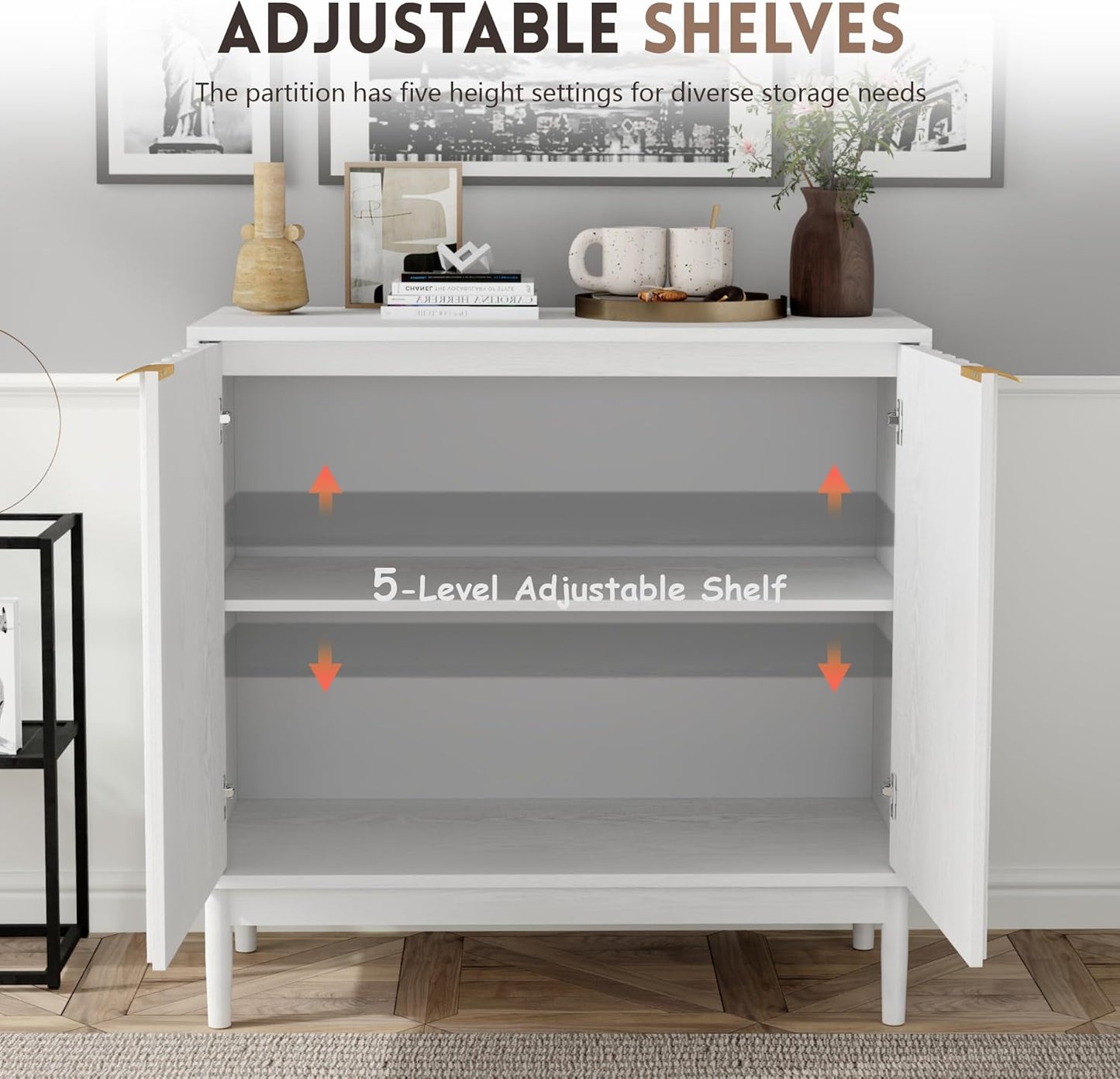 Fluted Cabinet with Storage, Buffet Cabinet Sideborad with Door, Kitchen Buffet Storage Accent Cabinets with Adjustable Shelves for Living Room, Entry, Hallway, White