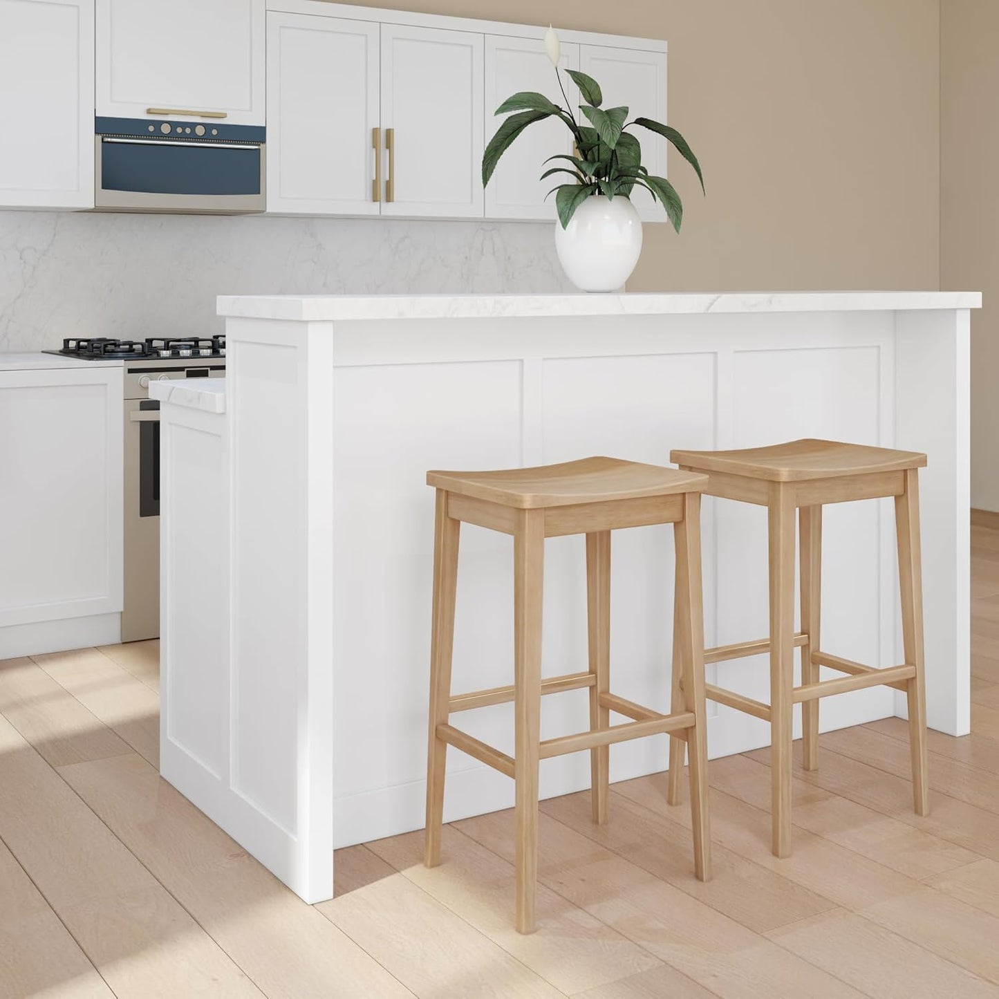 Plank+Beam Smythe Bar Stool, 30", Set of 2, Sturdy Wood Modern Kitchen Bar Height Stool, Saddle Seat Backless Counter Chair, Metal Footrest, Blonde