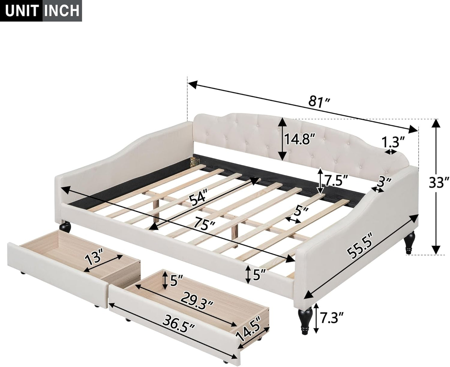 Full Size Upholstered Tufted Daybed with Two Storage Drawers,Linen Sofa Bed,Easy Assemble & No Box Spring Needed,Perfect for Small Space,Bedroom,Livingroom,Guest Room, Beige