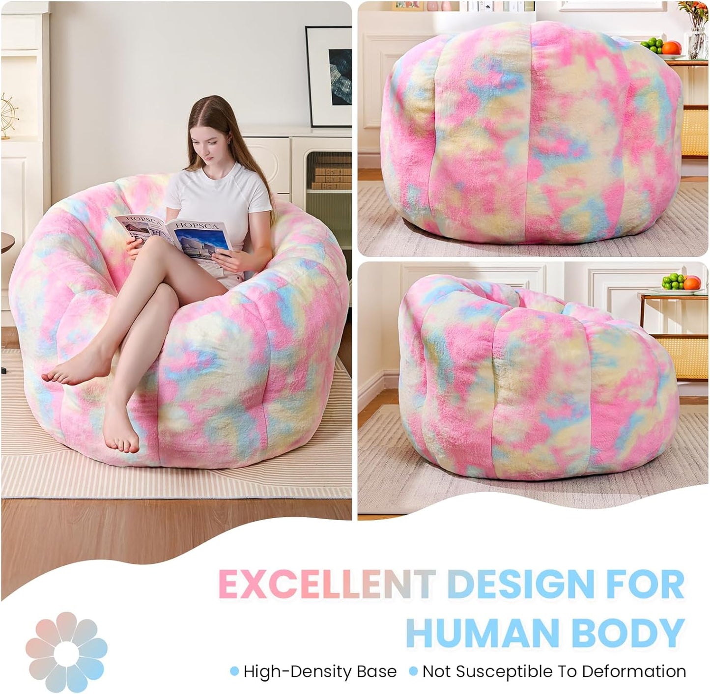 Giant Bean Bag Chair, Faux Fur Adult Chair with Petal Armrest Oversize Colorful Chair for Bedroom, Living Room, Dorm, Game - Rainbow, X-Large, High Support