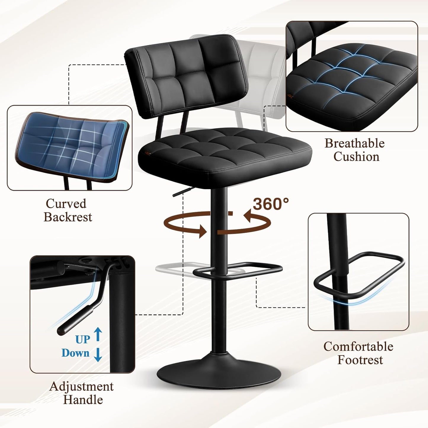 Furniliving Upholstered Bar Stools Set of 4, Faux Leather Swivel Bar Stools with Back, Adjustable Counter Height Barstools for Kitchen Island, Dining Space, Black