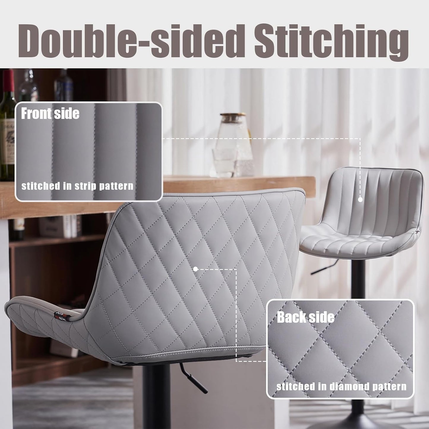 YOUNIKE Grey Bar Stools Set of 2 Kitchen Counter Height Barstools with Backs Modern Swivel Faux Leather Padded Bar Chairs Tall Adjustable Stools for Breakfast Island