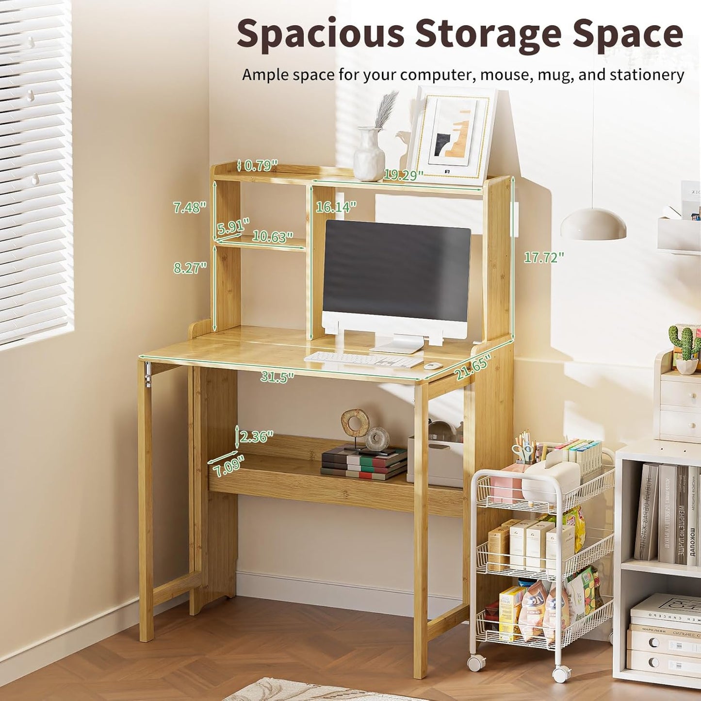 Bamboo Folding Desk with Storage Rack Mid Century Modern Desk for Home Office Bedroom Small Spaces, Natural