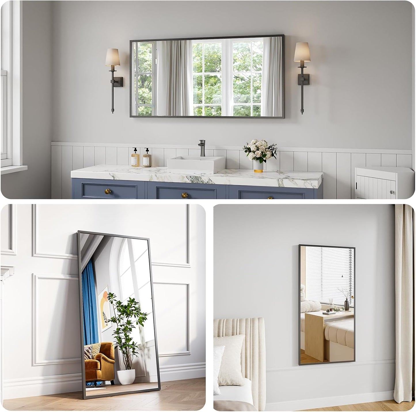 Koonmi Bathroom Mirror 24x48 Black Bathroom Wall-Mounted Mirrors, Modern Vanity Mirror for Bedroom, Living Room, Aluminum Alloy Frame Allow to Hang Horizontally or Vertically