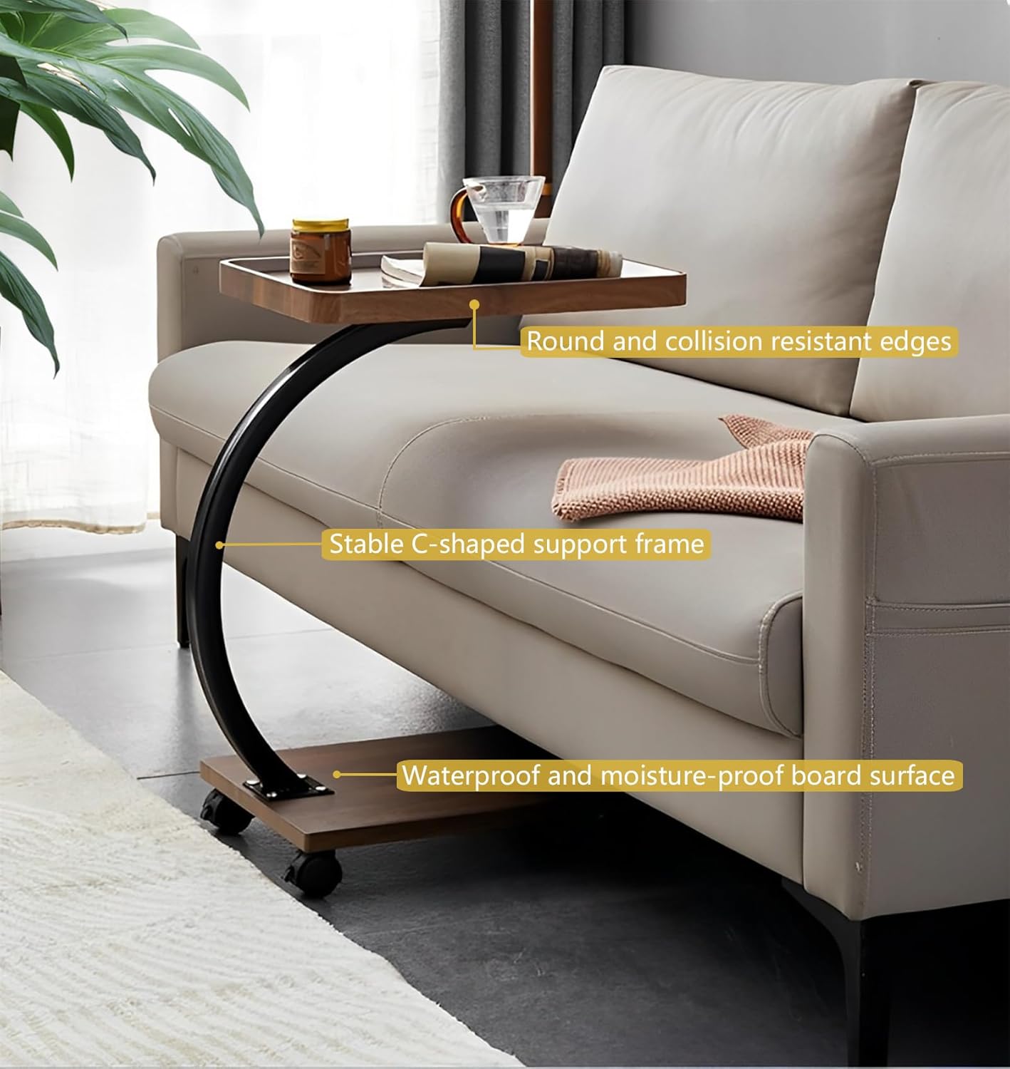 C Table End Table,360°Swivel TV Tray Table for Small Spaces, Couch Tables That Slide Under, C Shaped Side Tables with Wheels for Living Room and Bedroom, Bed,Chair, Snack Table