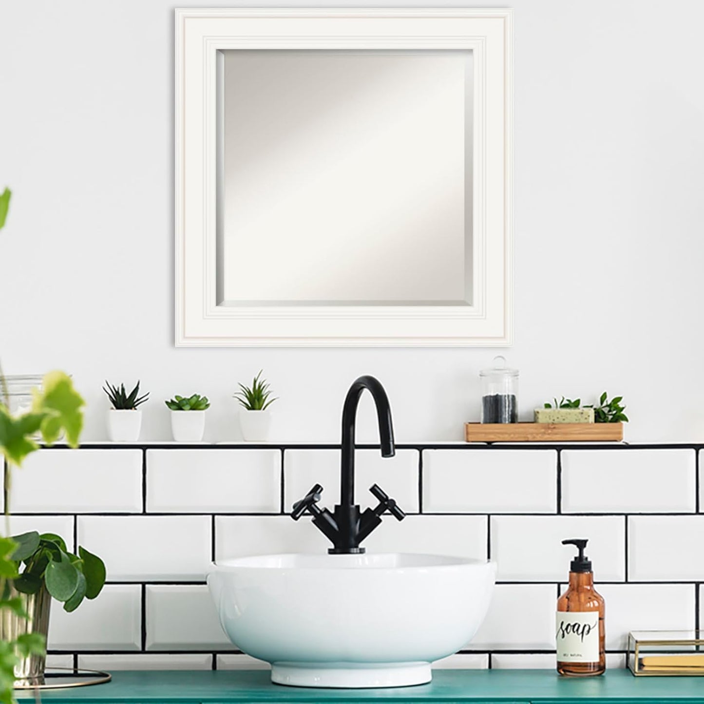 Amanti Art White Bathroom Mirror for Over Sink, 26x26 Ridge White Square Vanity Mirror, Medium Traditional Frame, Hangs Horizonally and Vertically, Bathroom Wall Decor, Beveled Edge from WI, USA