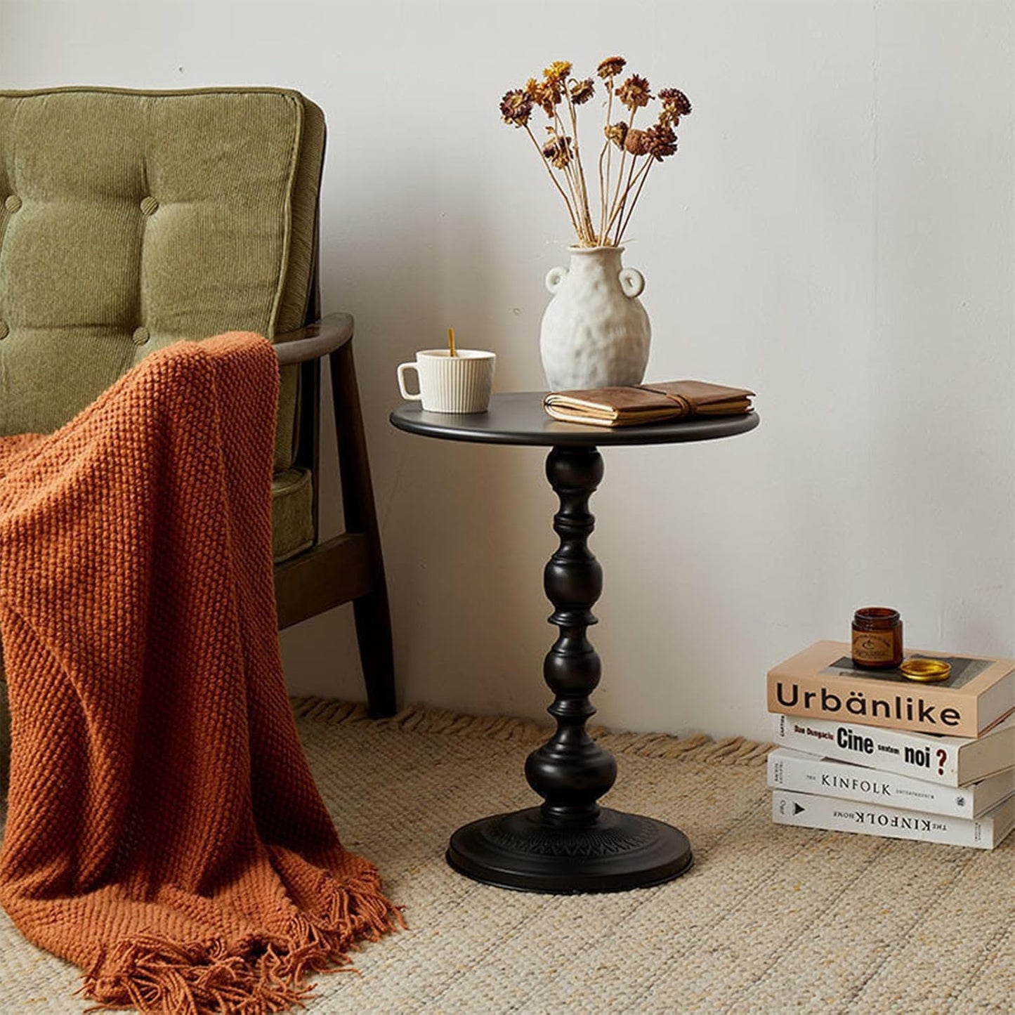 Chic Vintage Round Side Table with Elegant Roman Columns - Sturdy Metal Construction, Perfect for Coffee, End, Tea, or Leisure Use in Living Room or Bedroom Decor (Black Small 1 Pack)