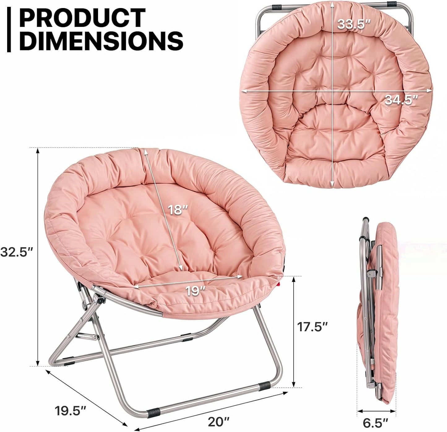 MoNiBloom Round Folding Saucer Chair for Bedroom Living Room Dorm Foldable Metal Frame Comfy Soft Lounge Lazy Cozy Moon Chair for Teens (Pink)