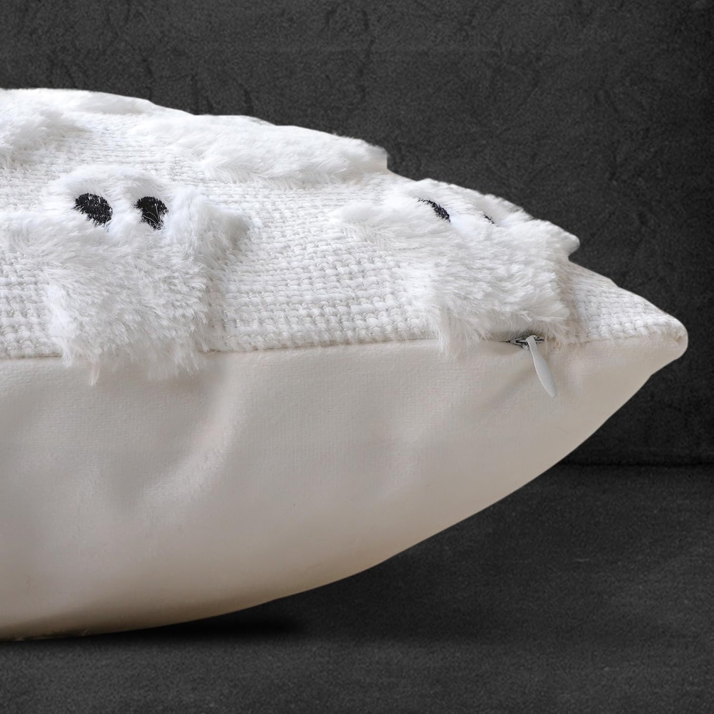 4TH Emotion Halloween Ghost Decorative Pillow Covers 16x16 Set of 2, White Soft Plush Faux Fur Farmhouse Throw Cushion Cases for Fall Autumn Holiday Home Decorations