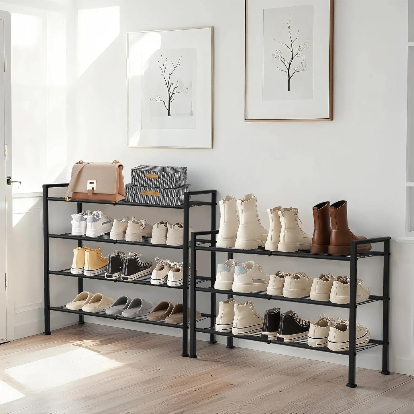 Simple 4 Tier Shoe Rack,Metal Stackable Shoe Storage Organizer for Closet,Entryway, Bedroom, Black (Black, 4-Tier)