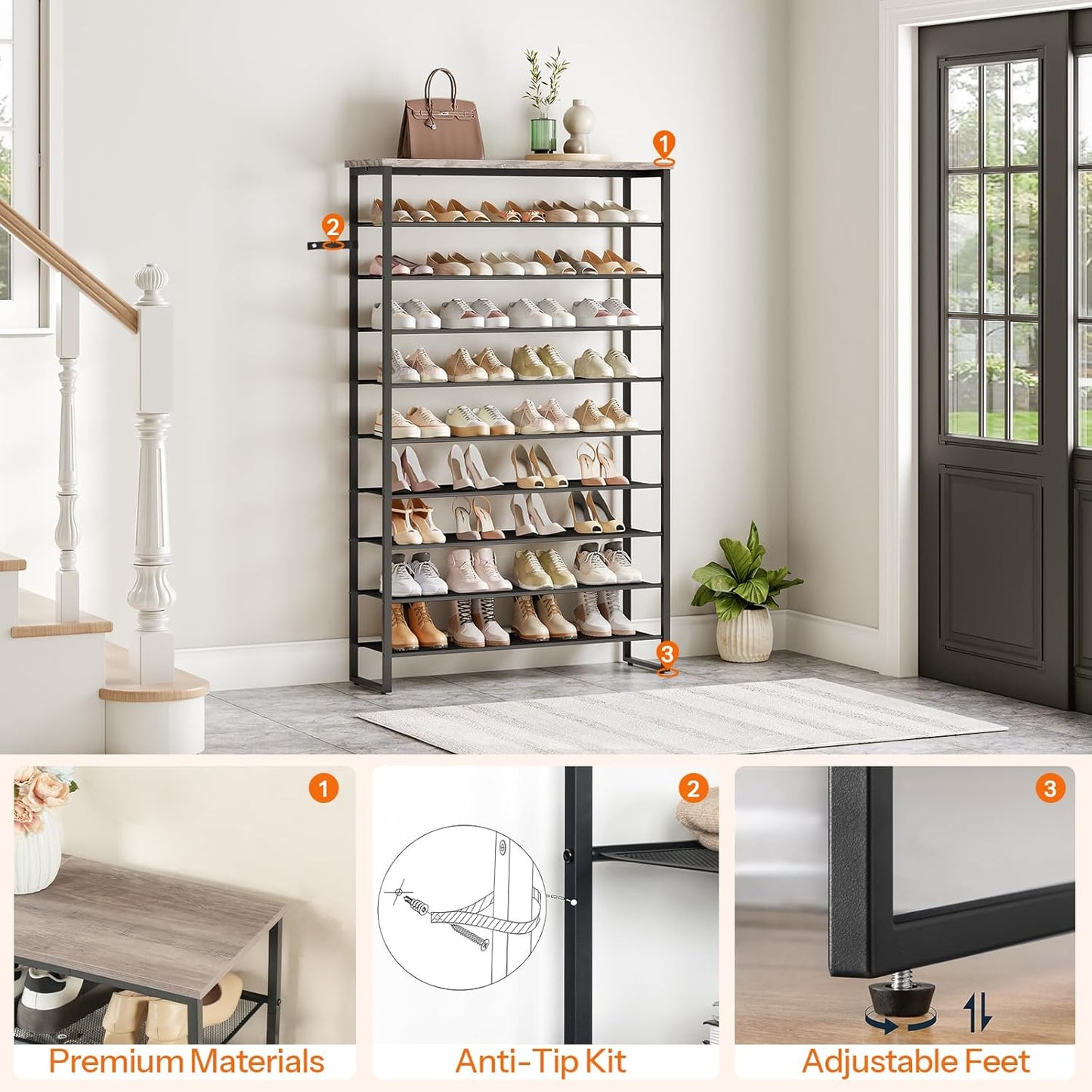 HOOBRO 10-Tier Shoe Rack, 39.4" L Shoe Storage Organizer, Large Capacity Shoe Shelf for Front Door Entrance, Entryway, Hallway, Holds 45-50 Pairs of Shoes, Closet, Greige and Black BG171XJ01