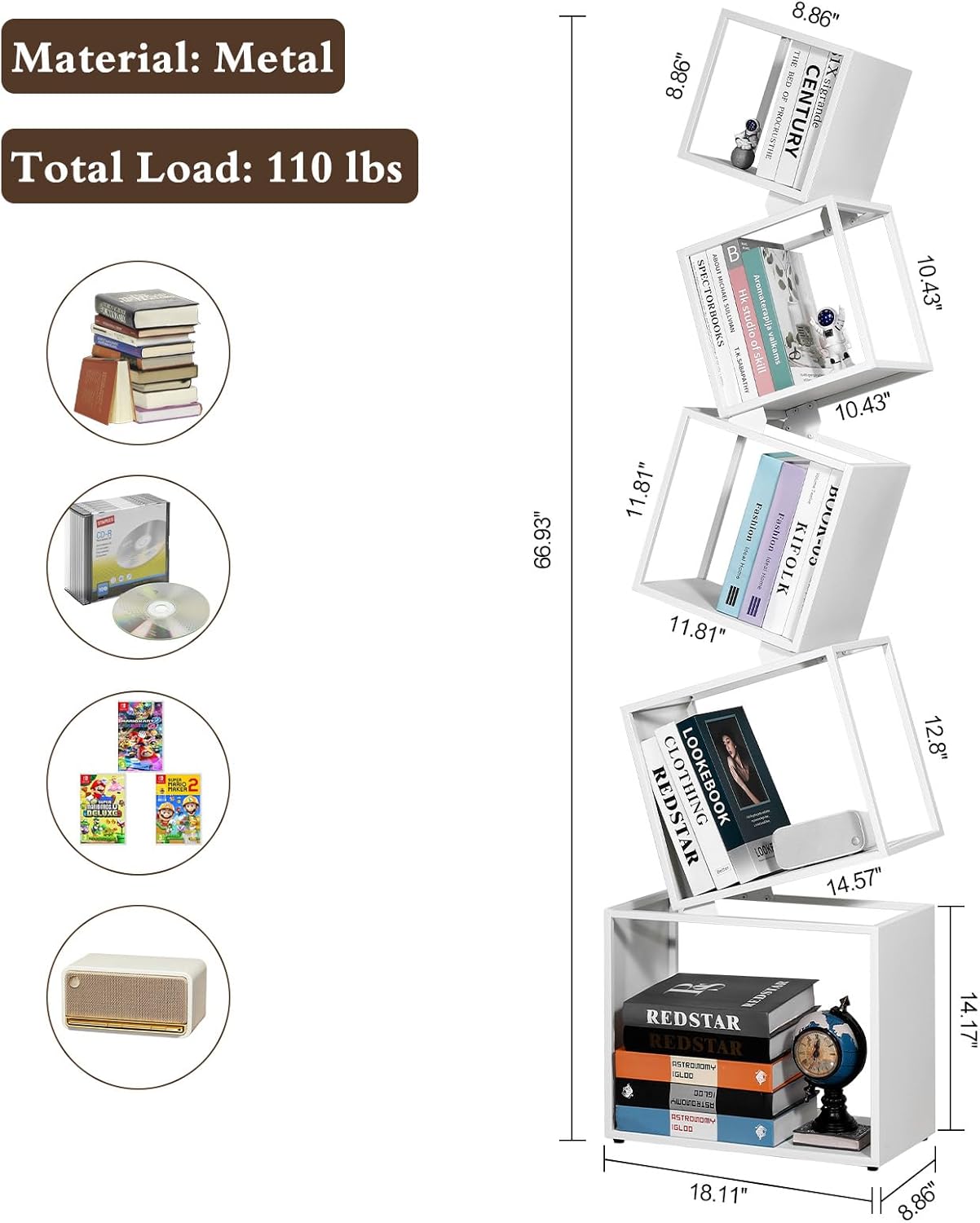 67-Inch 5-Tier Floating Bookshelf – Staggered Geometric Design, Freestanding Metal Storage & Display Rack for Home & Office (White)