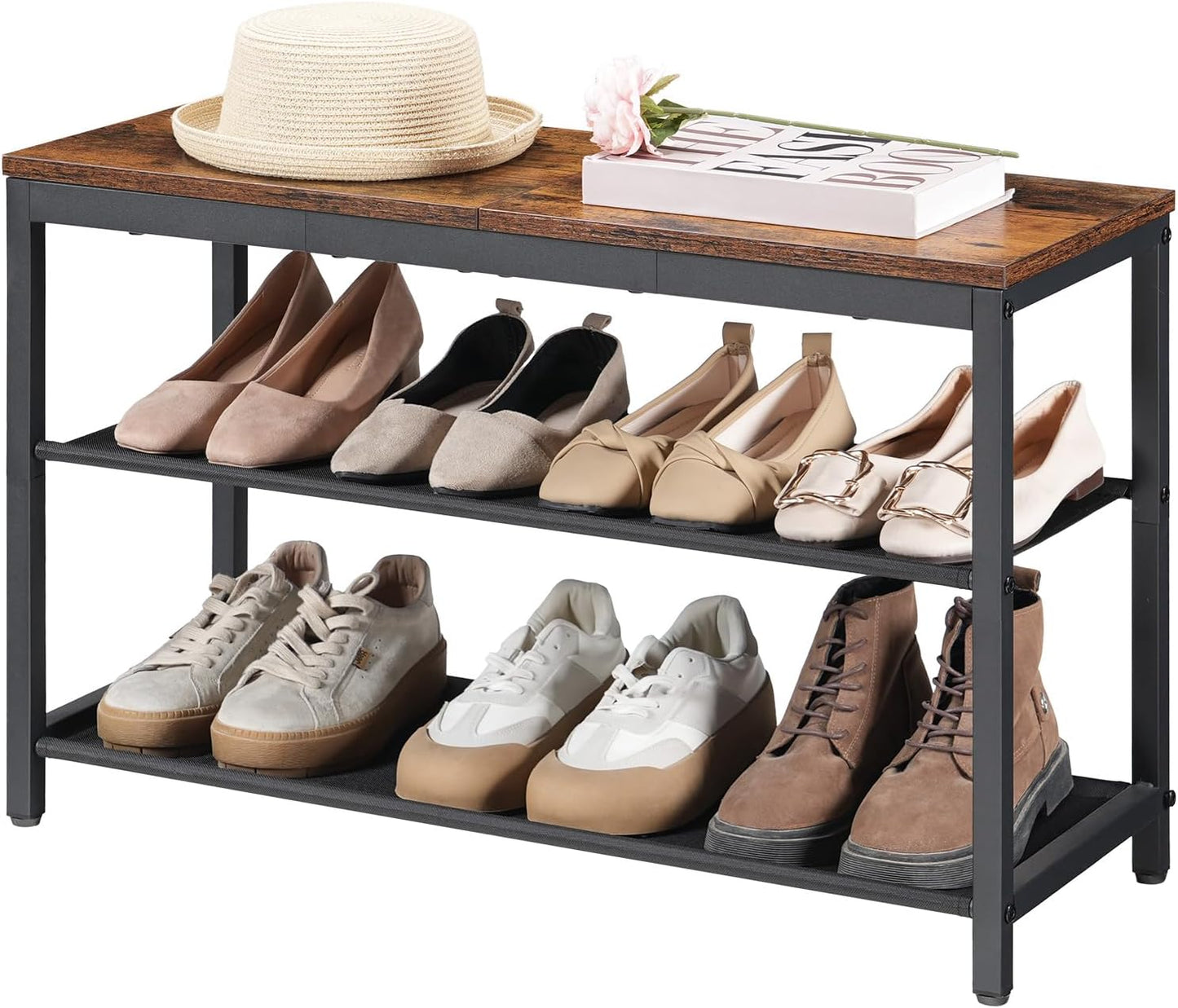 HOOBRO Shoe Bench, 3-Tier Shoe Rack with Oxford Fabric Shelves, 29.5" L Shoe Storage Organizer, Holds 6-8 Pairs of Shoes for Entryway and Hallway, Lightweight, Rustic Brown and Black BF77HX01