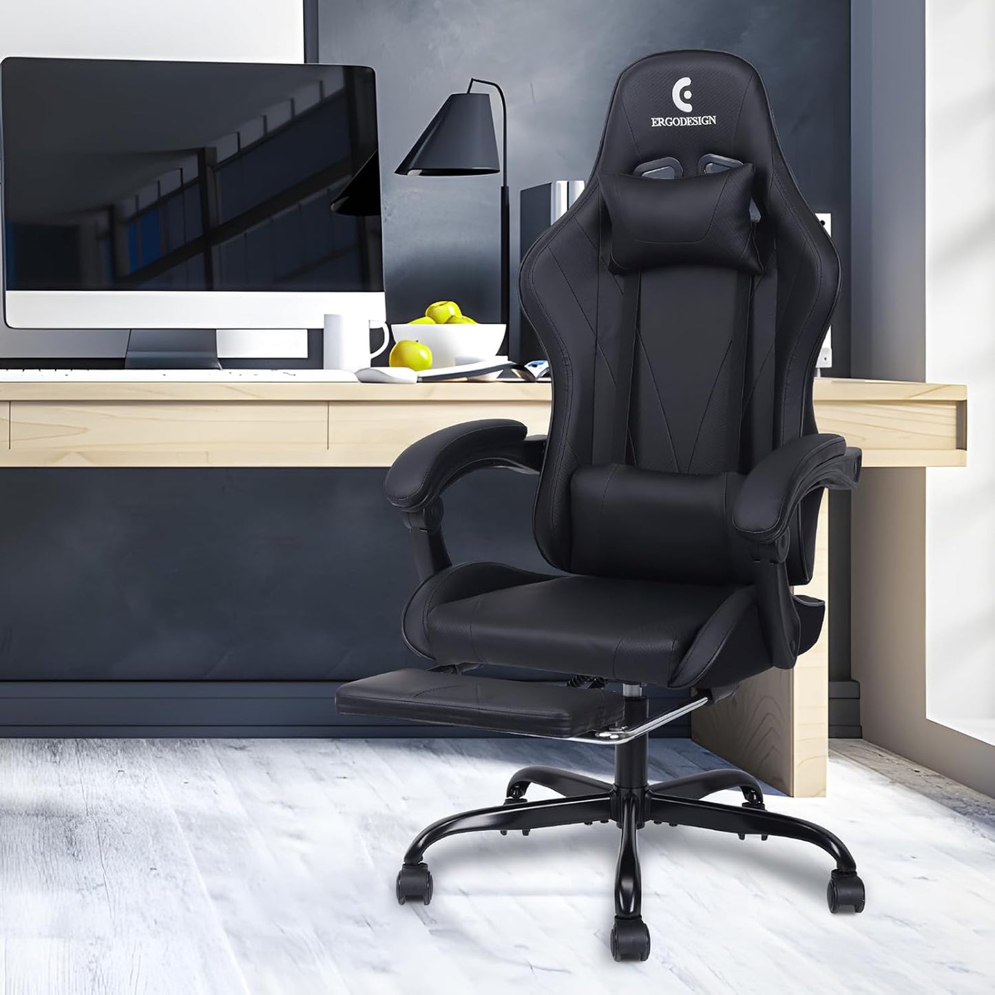 Gaming Chair with Linkage Armrest & Footrest, High Back Video Gaming Chair, Black