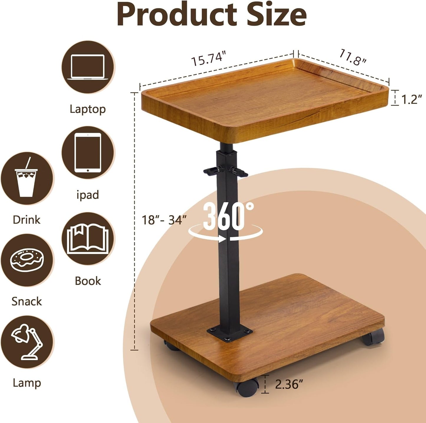 Aoligrace C Shaped End Table Adjustable Height, 360° Swivel Side Table with Wheels, Small TV Tray C Table for Living Room Bedroom, Couch Tables That Slide Under for Sofa Bed Chair