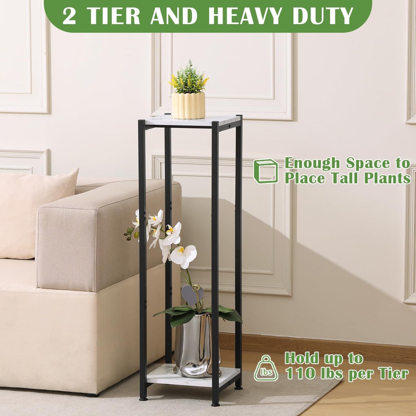 Extra Tall Plant Stand Indoor,40 Inch Plant Stands,2 Tier Metal Plant Stand with Heavy Duty Wood,Marble White and Black