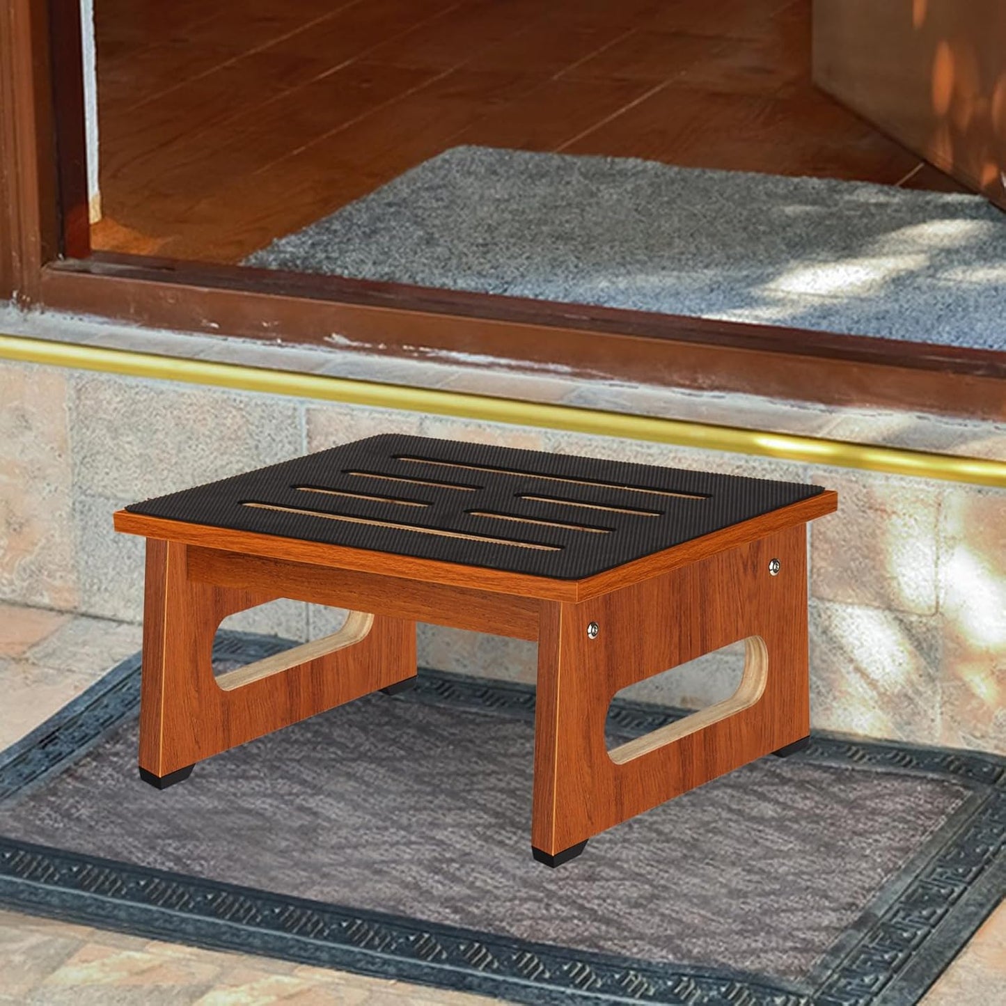 One Step Stool for Bed, Wooden Step Stool with Non-Slip Feet, 450 LBS Capacity Stepping Stool for Adults Seniors, Bedside Steps for High Beds, Bathroom Kitchen Bedroom, Easy to Assemble, Rustic Brown