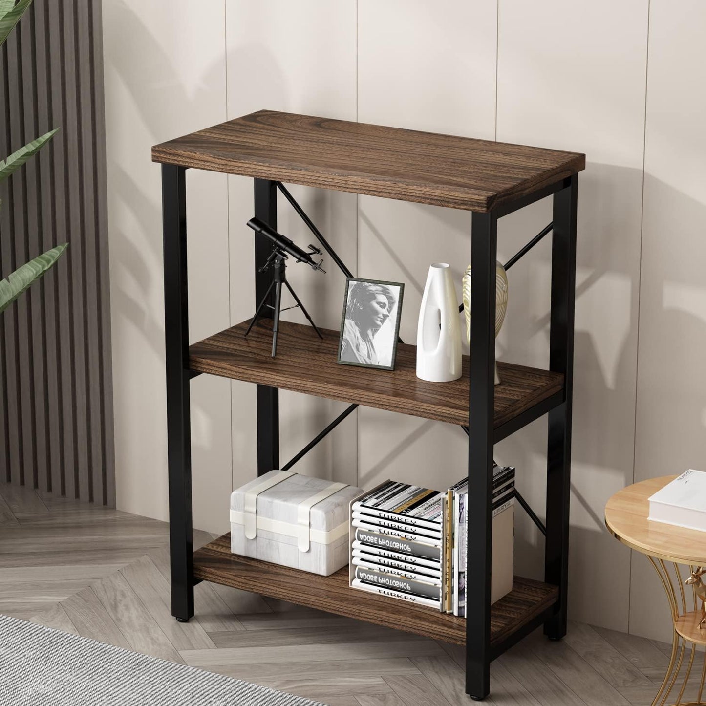 3 Tier Industrial Solid Wood Bookcases, Open Etagere Bookshelf with Metal Frame, Rustic Wood and Metal Shelving Storage Organizer for Living Room Book Shelves Furniture (AY01-3tier)