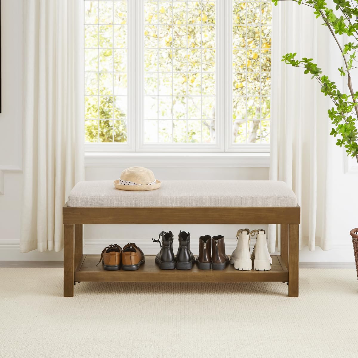 24KF Large Rectangular Storage Bench,Upholstered Seat Cushion,Ottoman Coffee Table with Ivory Removable Cushion for Living Room,Entryway Bench Bed Bench with Solid Wood Shelf,5069-Ivory