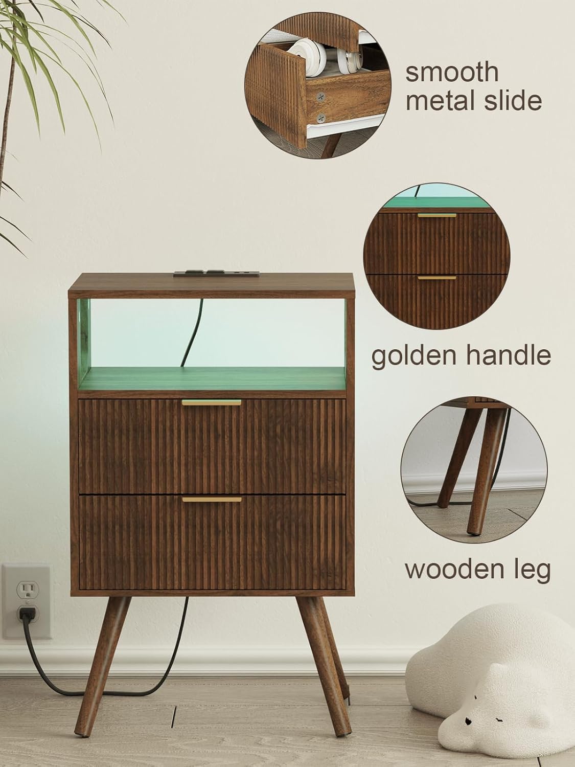 Nightstand, Modern Bedside Table with 2 Storage Drawer and Open Wood Shelf for Bedroom and Small Spaces, Night Stand with Solid Wood Legs (Walnut Brown-Outlet)