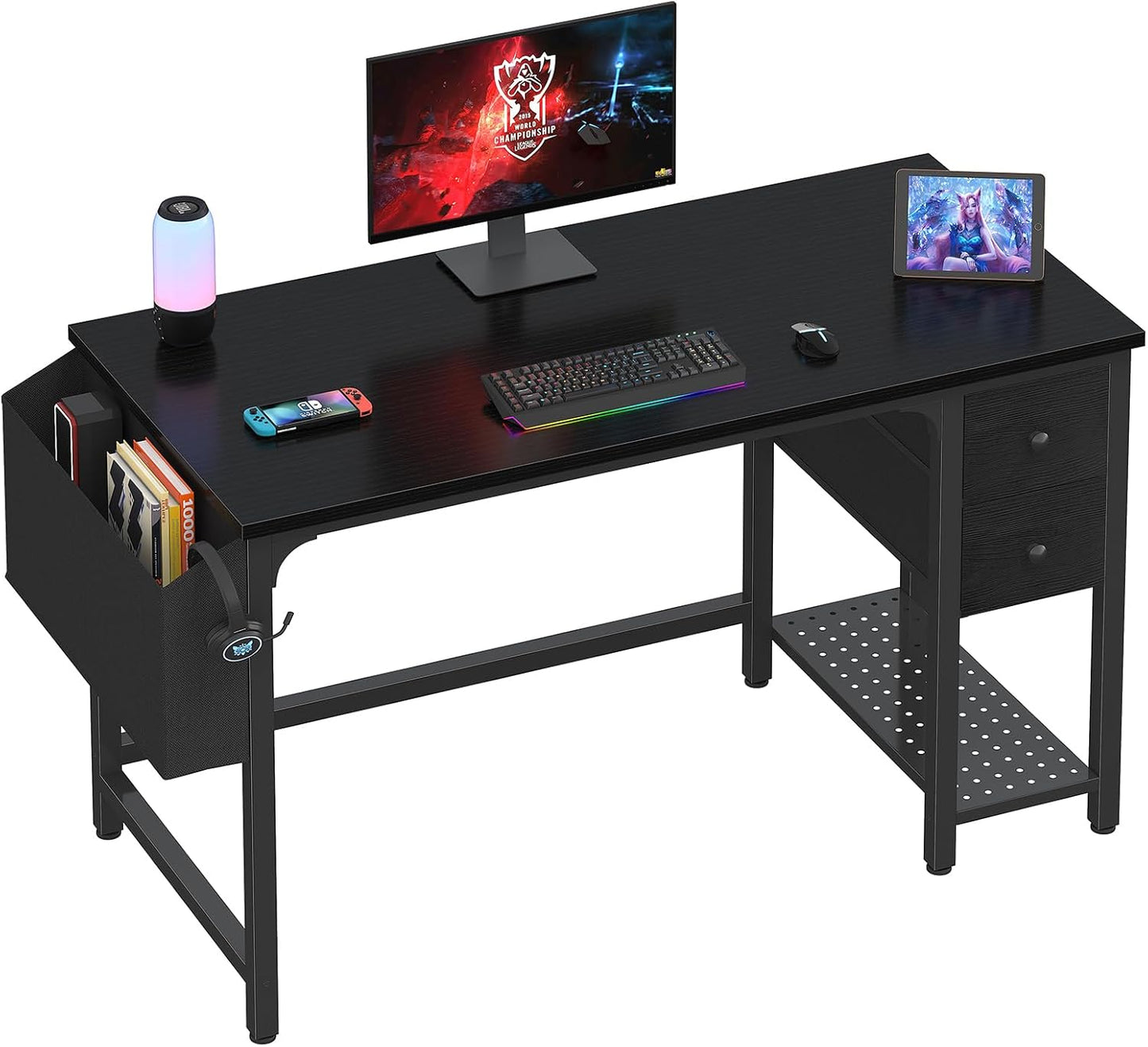 Lufeiya Gaming Desk with Fabric Drawers, 47 Inch Computer Desk for Home Office, Modern Simple Study Writing Table PC Desks for Bedroom, Black