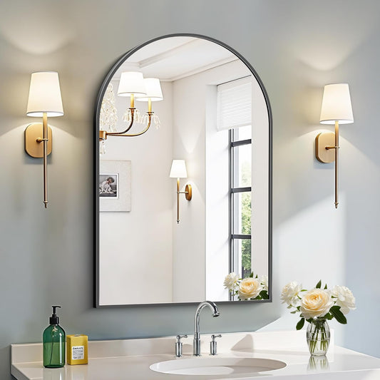 Arched Mirror, 20"x30" Black Bathroom Mirror with Metal Frame, Wall Mounted Mirrors Decor Modern Dresser Mirror for Bedroom Living Room Entryway