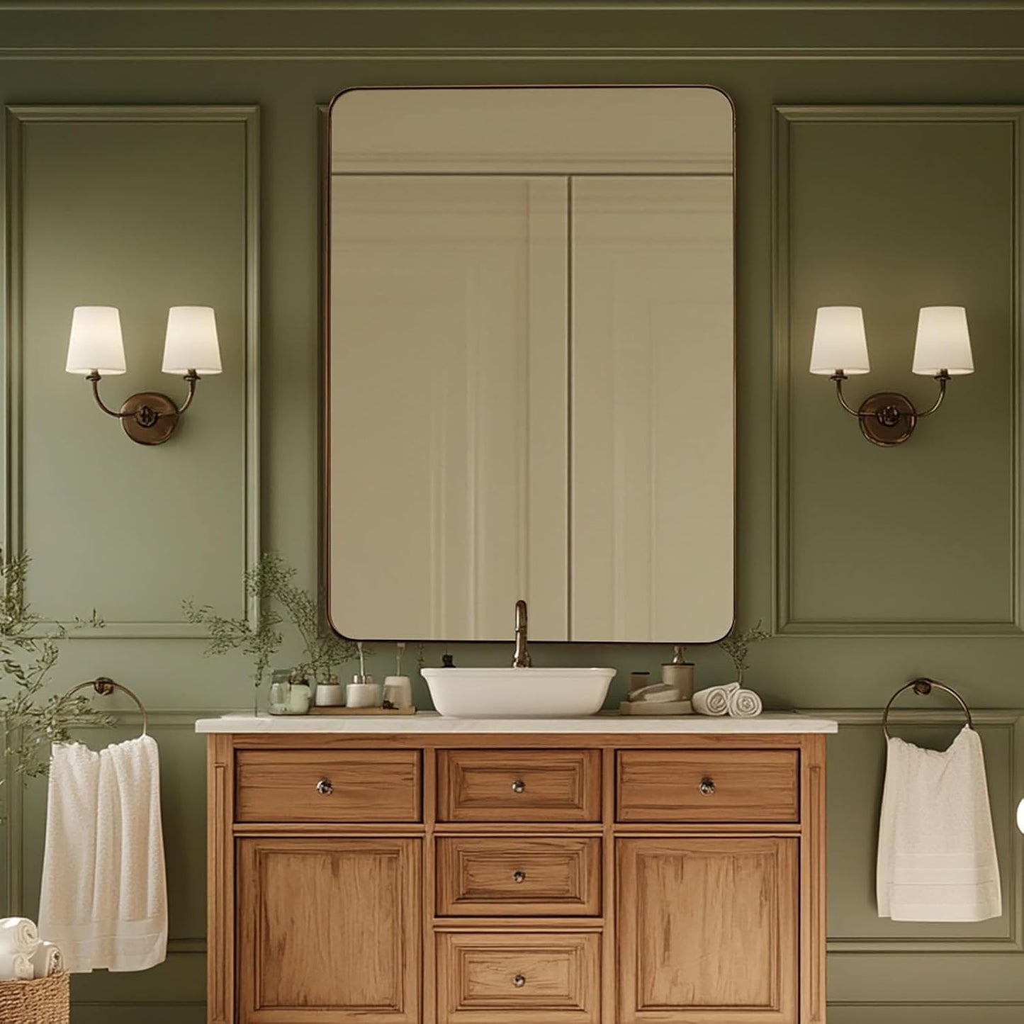 24x36 Inch Brushed Bronze Bathroom Mirror for Wall, Metal Framed Rectangle Mirror with Rounded Corner, Bathroom Vanity Mirror in Aluminum Alloy, Hangs Horizontally or Vertically