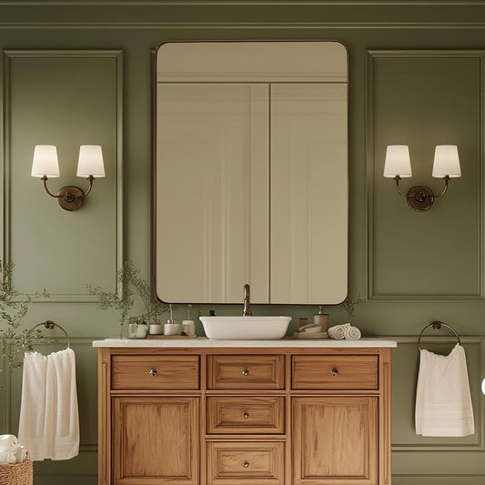 24x36 Inch Brushed Bronze Bathroom Mirror for Wall, Metal Framed Rectangle Mirror with Rounded Corner, Bathroom Vanity Mirror in Aluminum Alloy, Hangs Horizontally or Vertically