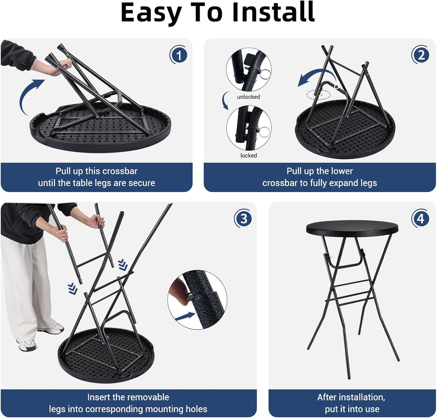 Cocktail Table 28in High Top Round Folding Indoor Outdoor, Plastic Bar Height Foldable Bistro Tall Table for Party, Patio, Dining Room, Kitchen, Events, Removable Locking Legs, Black