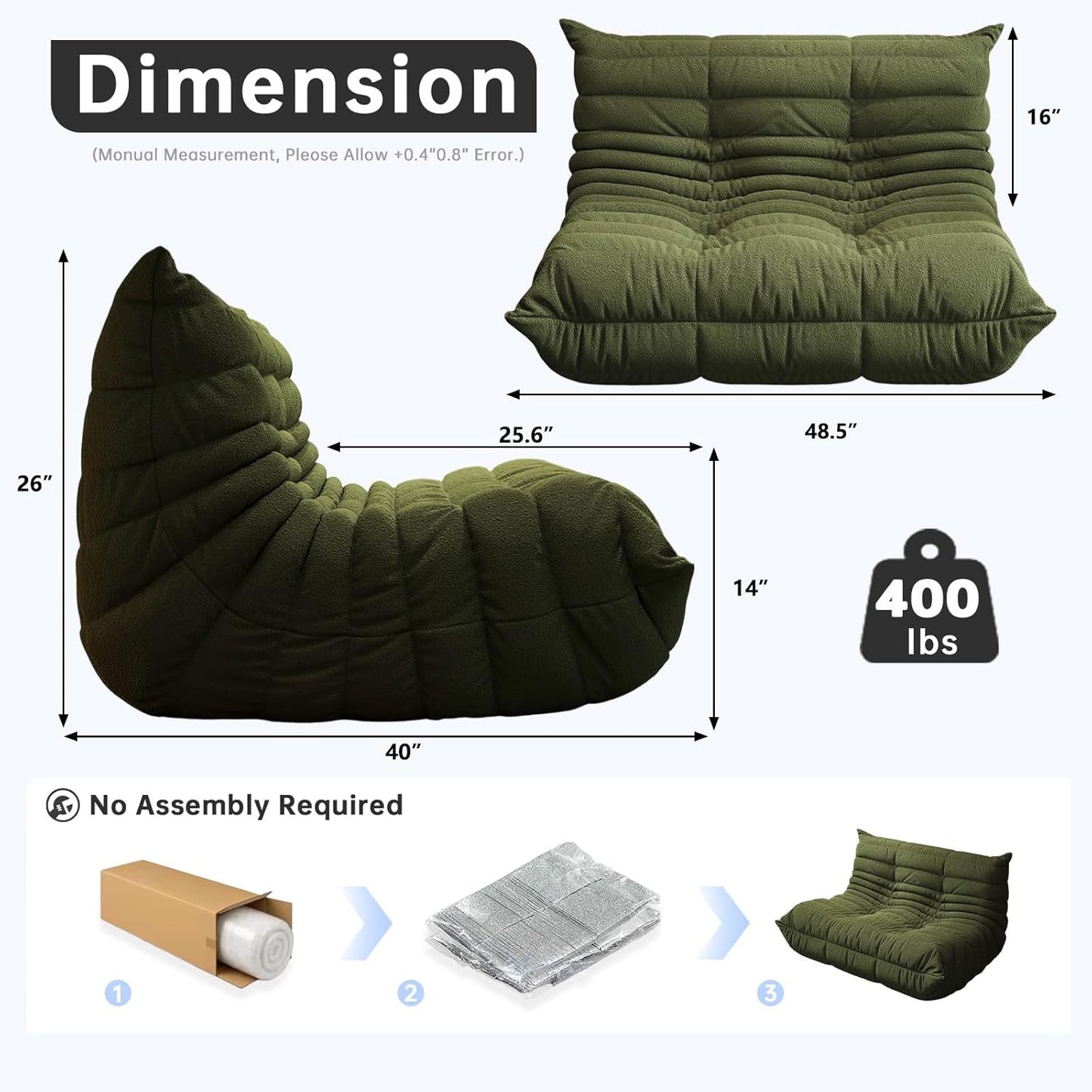 Bean Bag Chairs for Adults, Memory Foam Couch Loveseat Sofa Chair, Soft Teddy Material Cozy Comfy Reading Nook Chairs, Floor Chair for Living Room Bedroom Office(Green)