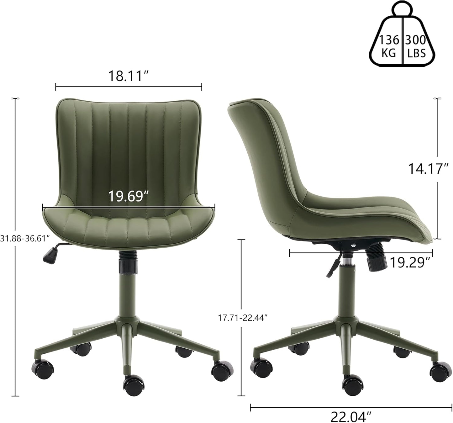 YOUNIKE Green Home Office Desk Chair with Wheels Armless Compact Comfy Vanity Chair with Adjustable Back Modern Small Leather Upholstered Rolling Swivel Cute Computer Task Sewing Chair No Arms