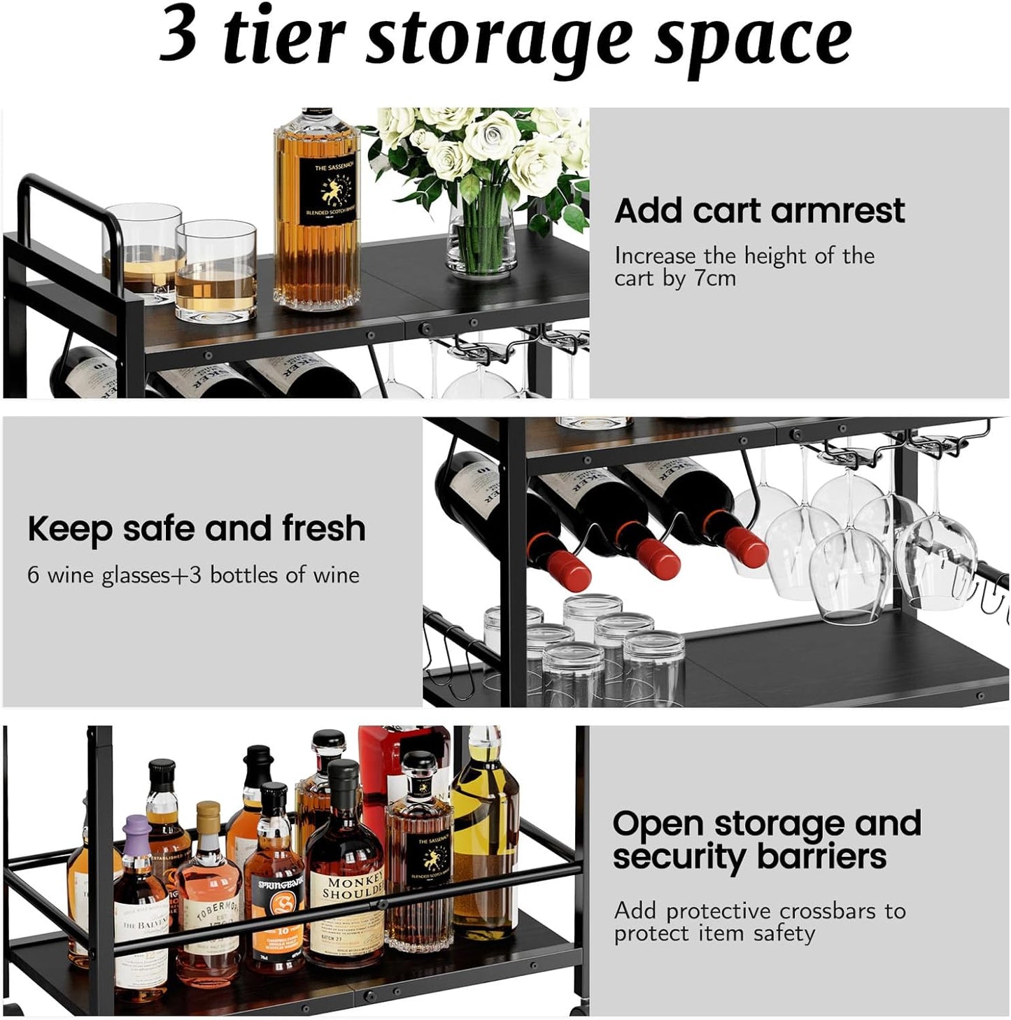 Home Bar Serving Cart, Serving Cart with Wheels and Handle, 3 Tier Rolling Kitchen Cart, Microwave Cart, Beverage Cart with Wine Holder and Glass Holders, for Dinning Room, Living Room, Black