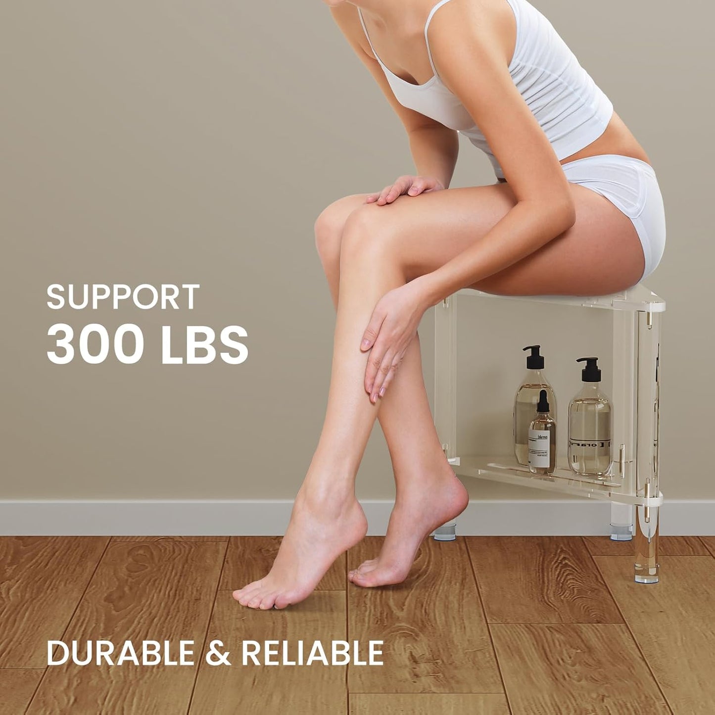 Acrylic Corner Shower Stool for Shaving Legs 11.42" D X 11.42" W X 14.37" H, Triangle Shower Foot Rest with Storage Shelf, Heavy Duty, for Inside Shower,