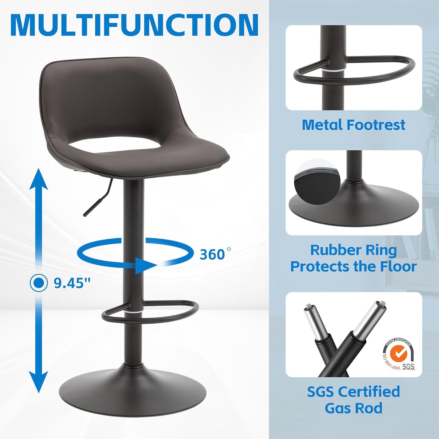 YOUNIKE Bar Stools Set of 2 Modern Swivel Barstools, Adjustable Counter Height Bar Stools Faux Leather Upholstered Counter Stools with Hollow Back for Kitchen Island, Brown