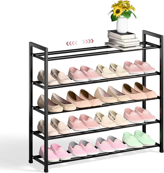 Bumusty 5-Tier Expandable Shoe Rack for Closet, 18“-33” Adjustable Shoe Rack for Small Space, Small Shoe Organizer for Front Door, Sturdy Metal (Black)