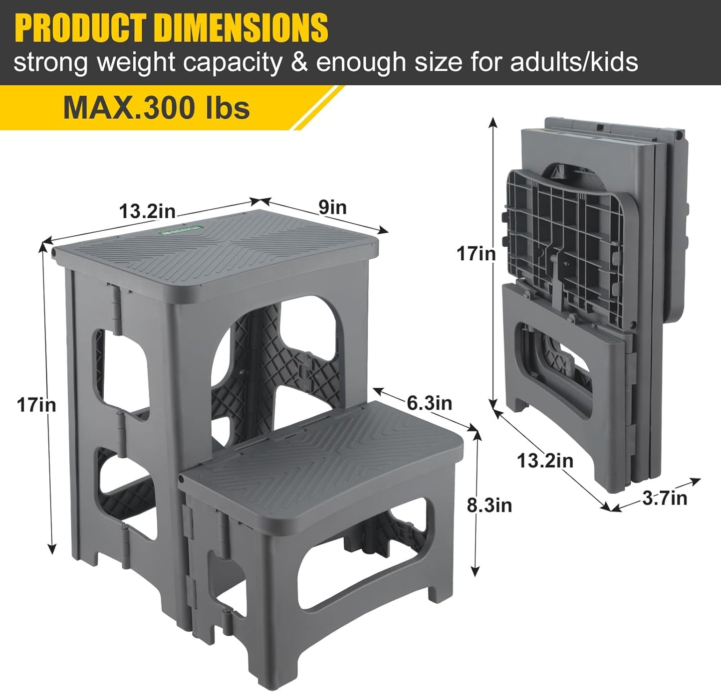 Folding 2-Step Stool for Adults Kids Non-Slip Collapsible Portable Step Stool for Kitchen Home Toilet Bedroom Office Bathroom Rv,Holds 300 Lbs(Grey)