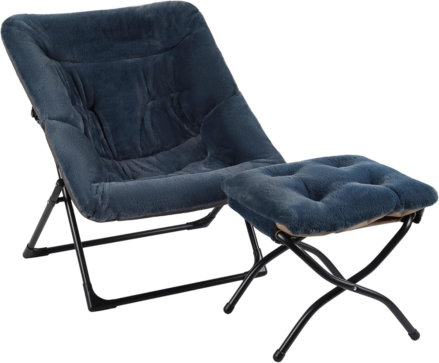 Comfy Saucer Chair for Adults, Soft Faux Fur Bedroom Chair with Ottoman, Accent Dorm Chairs, Living Room Reading Chairs and Footstool, Folding Lounge Seat for Teens, X-Large, Navy Blue