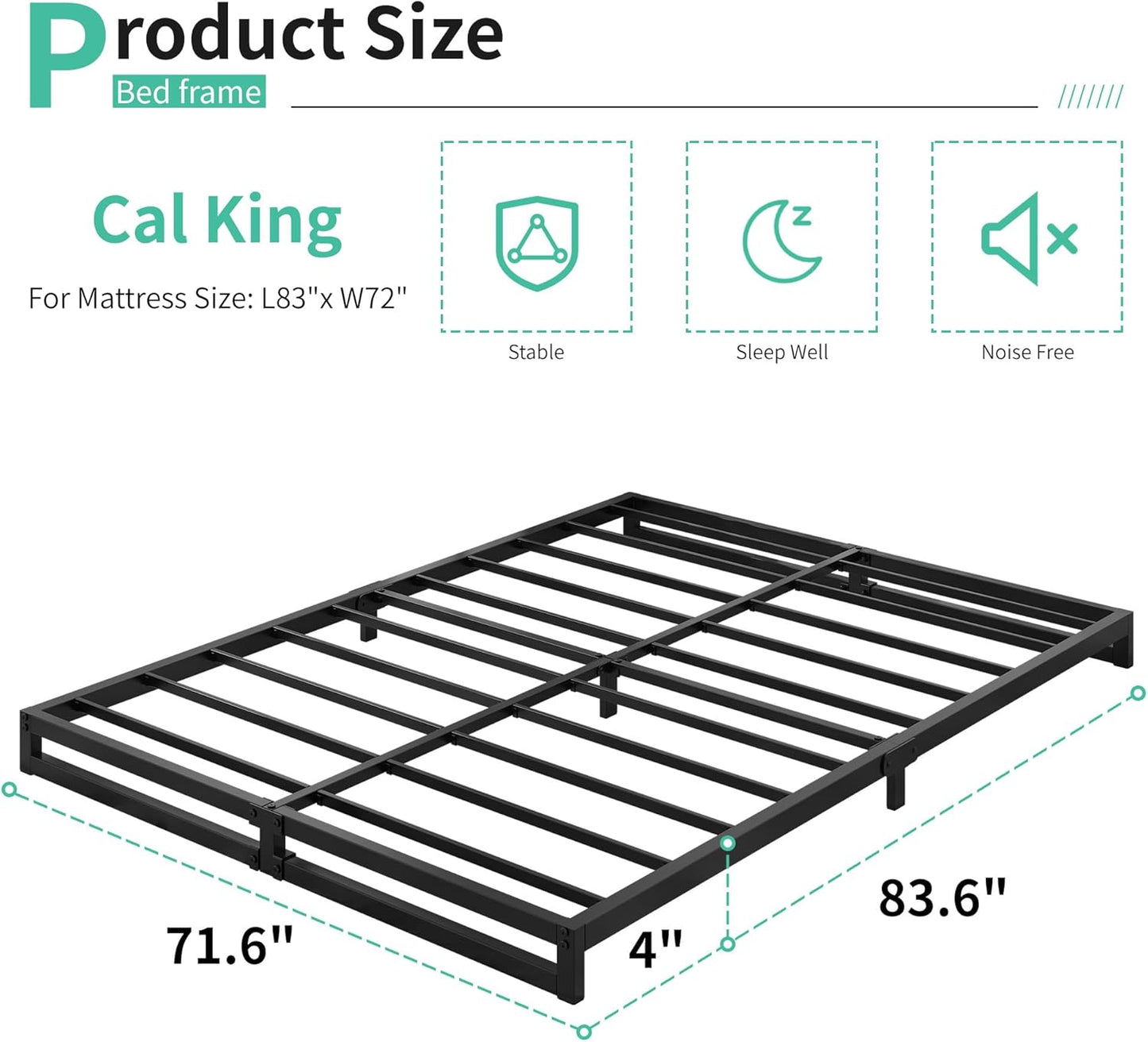 4 Inch California King Bed Frames No Box Spring Needed Heavy Duty Metal Cal King Platform for Mattress Foundation, Noise Free, Easy Assembly, Black