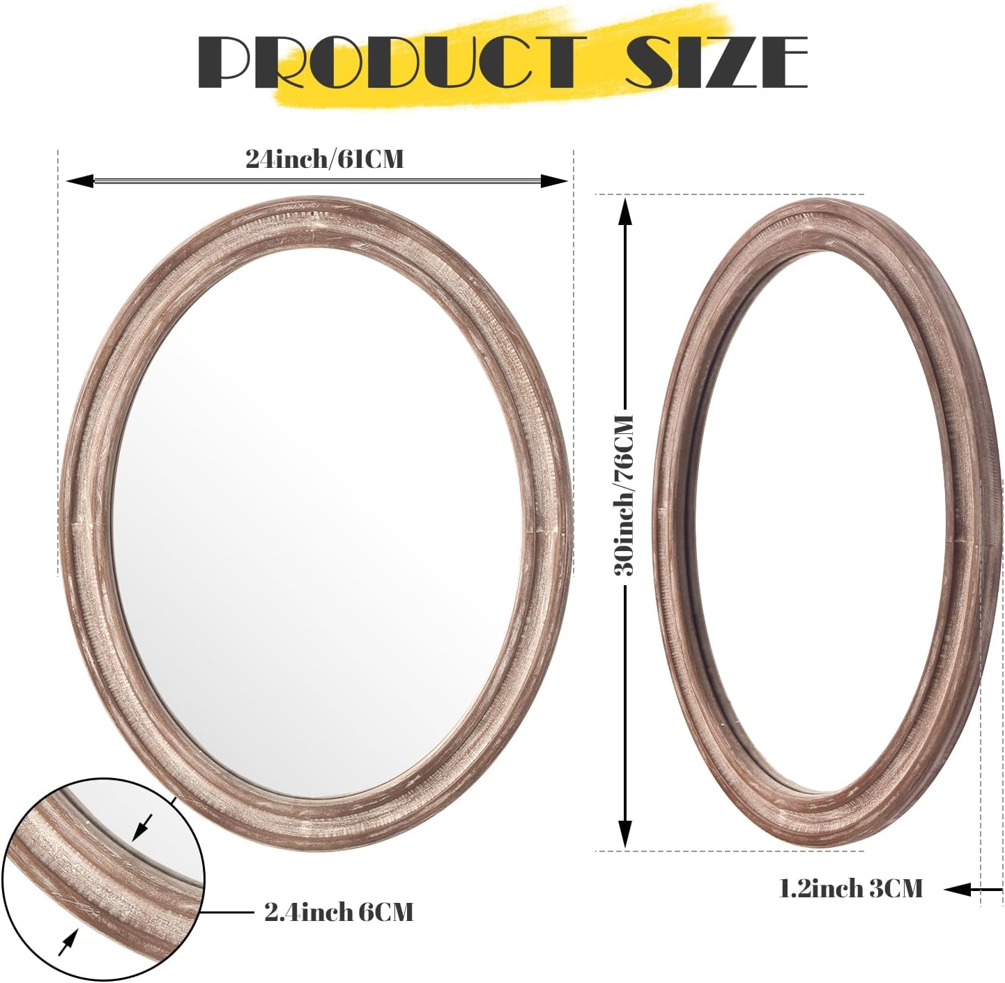 sawsile 24x30'' Rustic Oval Wood Mirror,Decorative Farmhouse Oval Mirrors,Vanity Nature Mirrors for Bedroom, Bathroom, Living Room,or Entryway