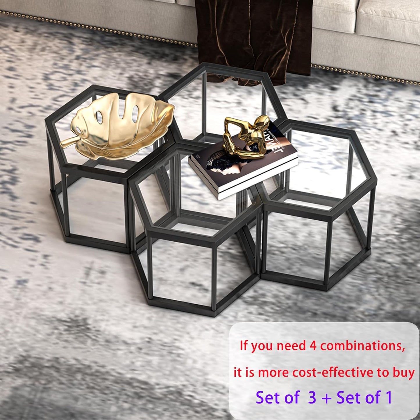 Coffee Table Glass Modern Coffee Table, Hexagon Free Combination Glass Center Table Small End Tables with Metal Frame for Living Room Set of 3