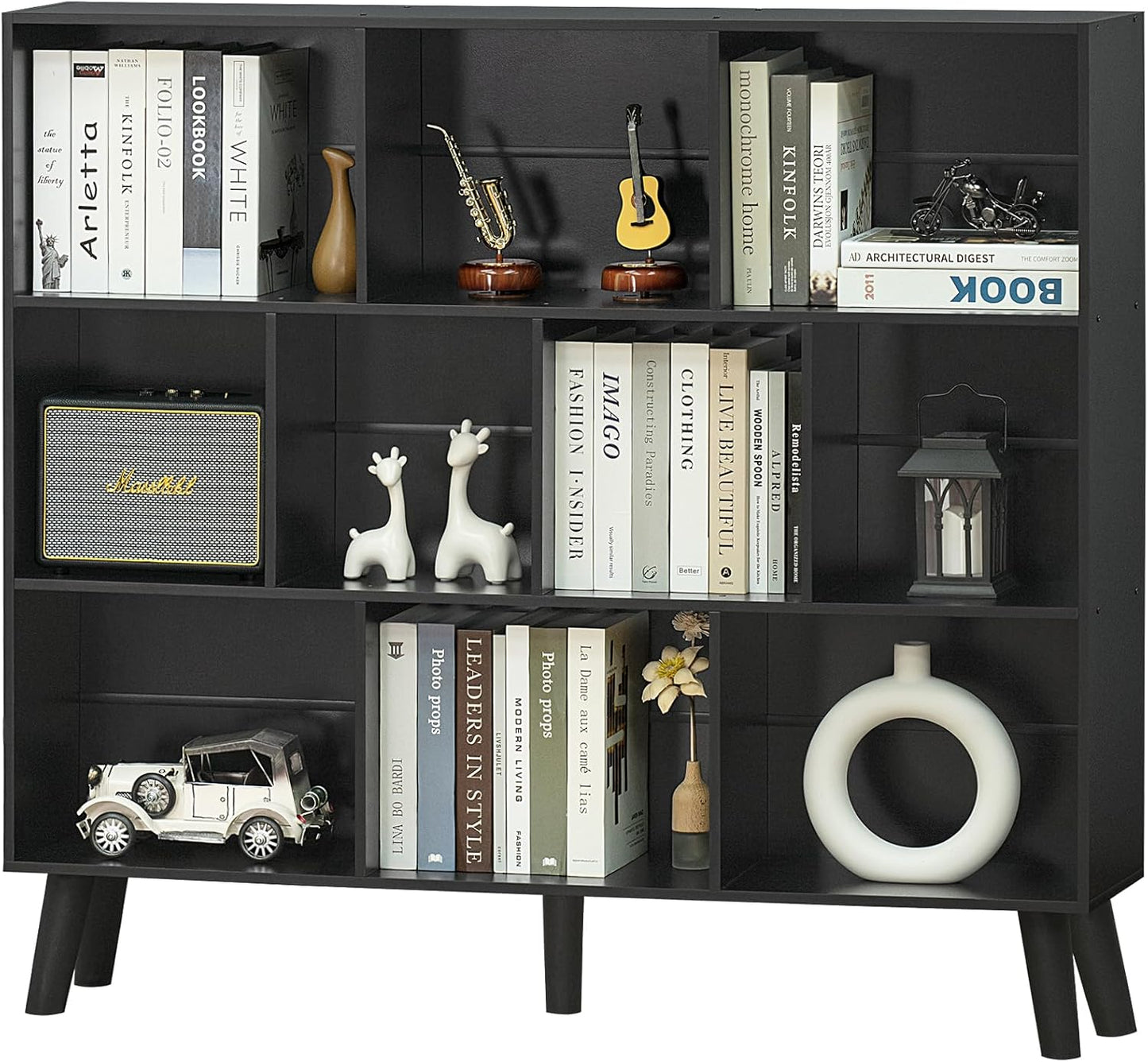 YAHARBO 10 Cube Bookshelf,3 Tier Bookcase with Legs,Black Mid-Century Modern Bookshelves,Large Free Standing Open Storage Organizer Shelf,Tall Wooden Book Case Furniture for Bedroom,Living Room,Office