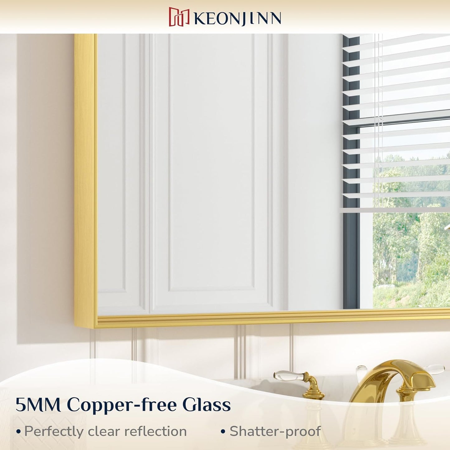 Keonjinn Gold Bathroom Mirror 40 x 30 Inch, Brushed Gold Mirror for Over Sink, Aluminum Alloy Framed, Square Corner, Modern Farmhouse, Large Rectangular Vanity Mirror for Wall(Horizontal/Vertical)