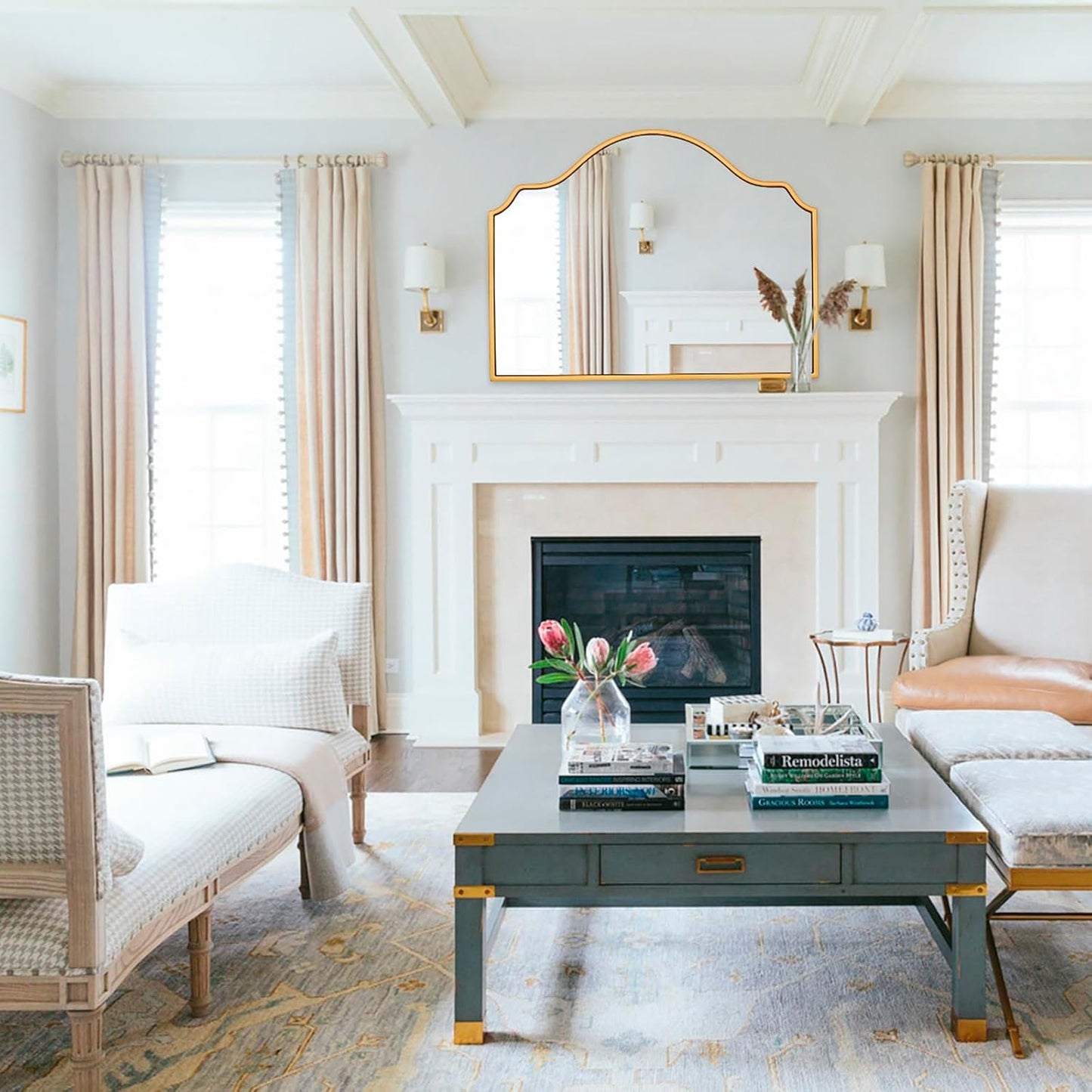 Chende Gold Arched Mirror, Large Wall Mirror for Fireplace Decor with Wooden Frame, 40'' x 28'' Elegant Decorative Mirror for Living Room, Dining Room, Entryway